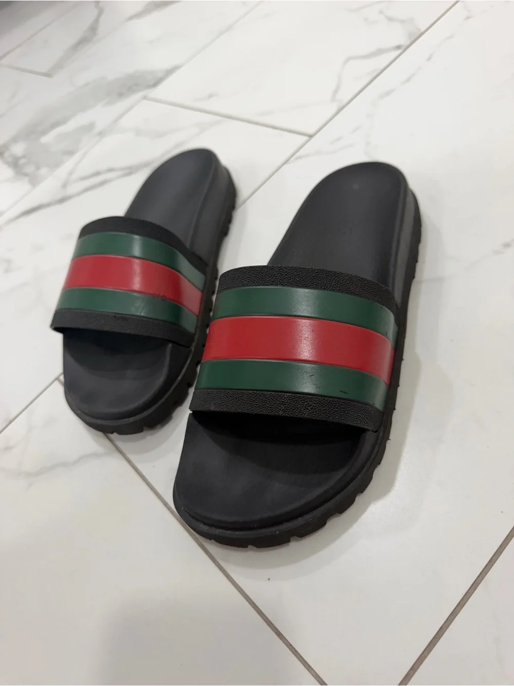 Men's Black Slide Sandals with Red and Green Stripes